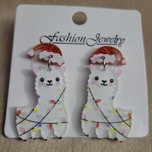 Festive Llama earrings wearing Santa hat and a string of Christmas lights